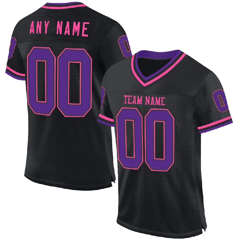 Football Jersey With Extra Ventilation-Custom Black Purple-Pink Mesh Authentic Throwback Football Jersey