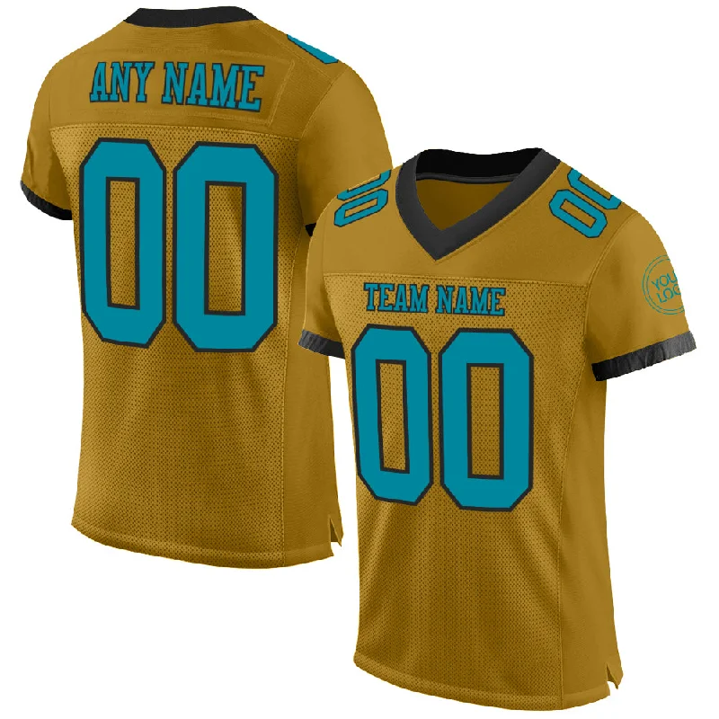 Football Jersey With Funny Slogans-Custom Old Gold Teal-Black Mesh Authentic Football Jersey