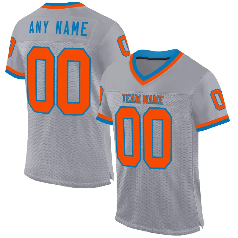 Football Jersey With Custom Artwork-Custom Gray Orange-Blue Mesh Authentic Throwback Football Jersey