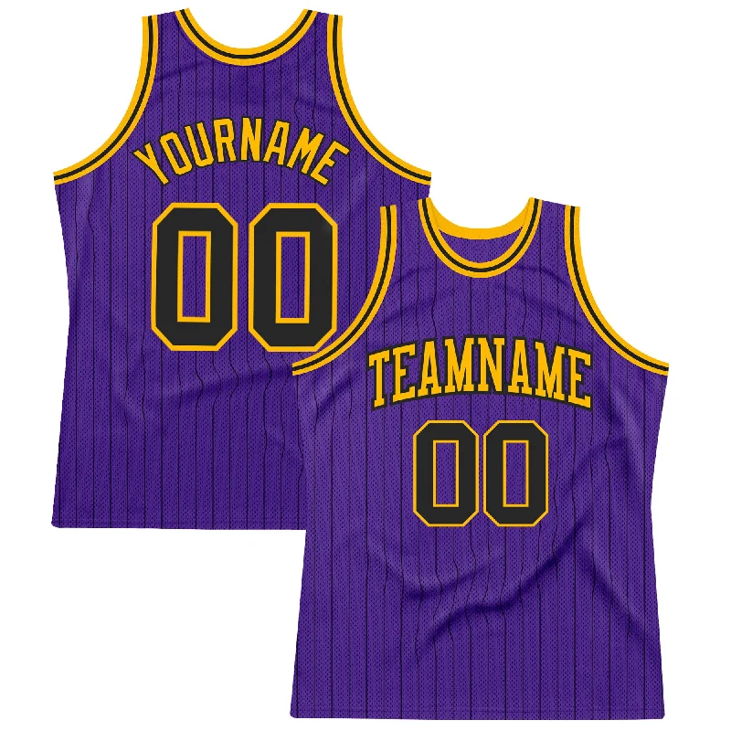 Basketball Jersey For Streetball-Custom Purple Black Pinstripe Black-Gold Authentic Basketball Jersey