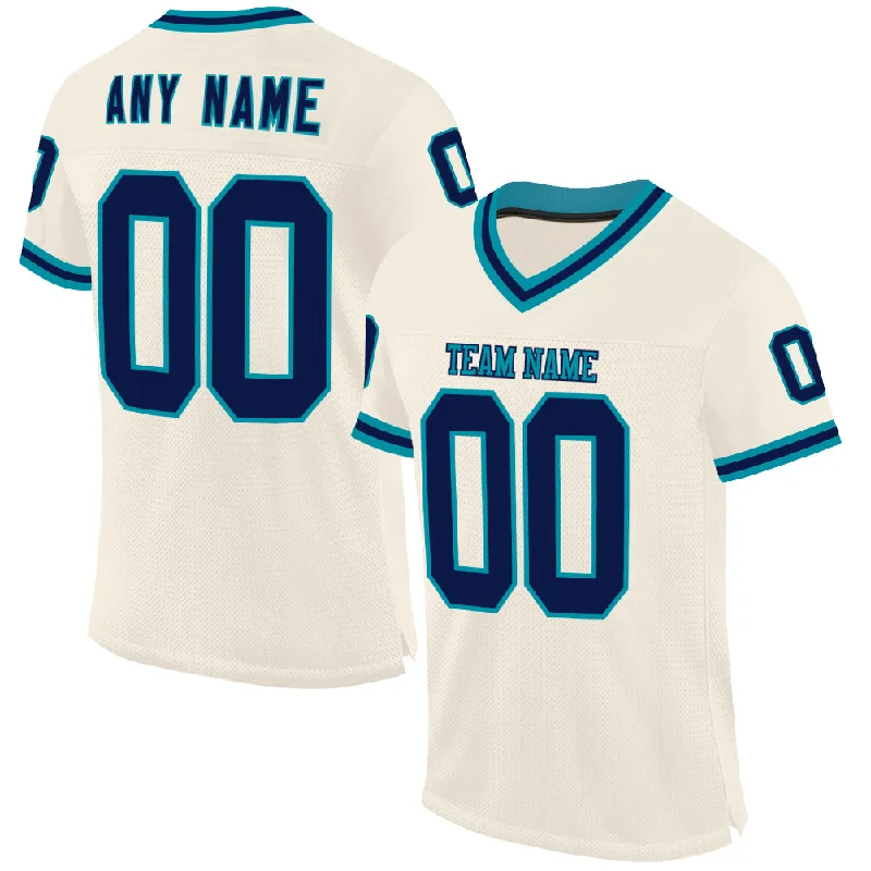 Football Jersey With High Mobility Design-Custom Cream Navy-Teal Mesh Authentic Throwback Football Jersey