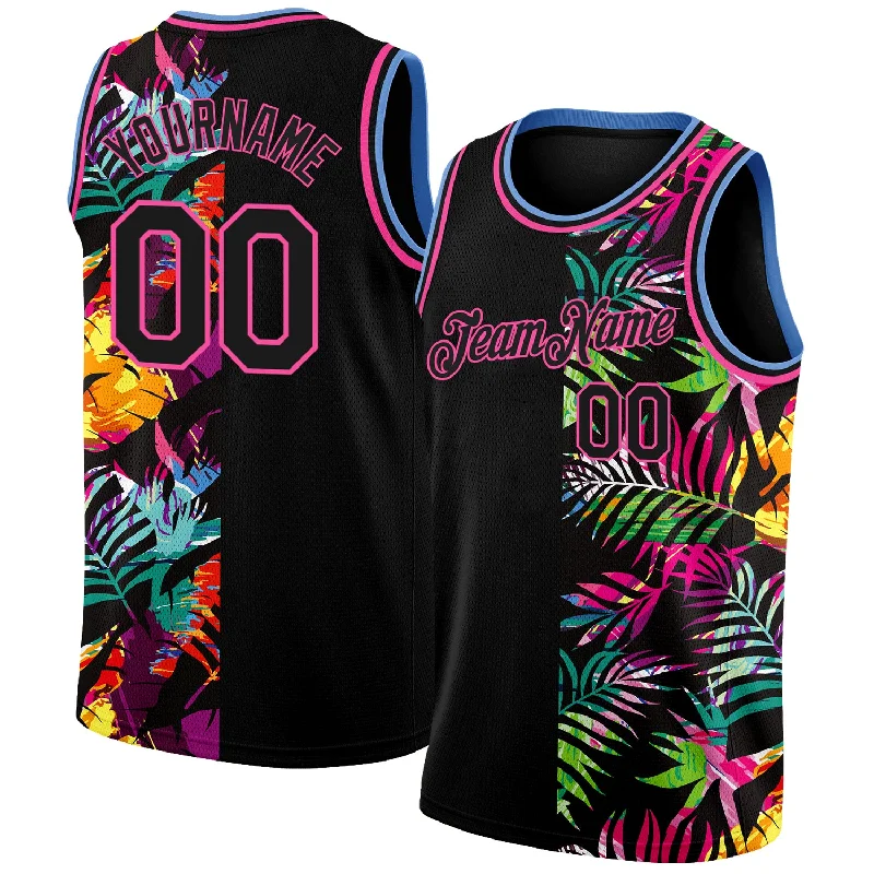 Basketball Jersey With Urban Fashion Appeal-Custom Black Pink-Light Blue 3D Pattern Tropical Hawaii Palm Leaves Authentic Basketball Jersey