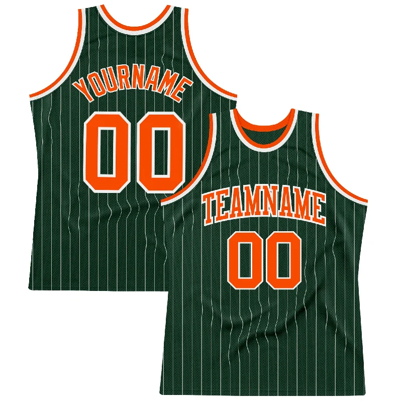 Basketball Jersey For Indoor Courts-Custom Hunter Green White Pinstripe Orange Authentic Basketball Jersey