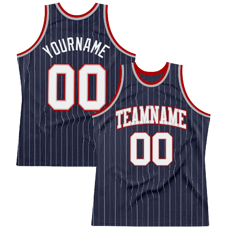 Basketball Jersey With Team Spirit-Custom Navy White Pinstripe White Gray-Red Authentic Basketball Jersey