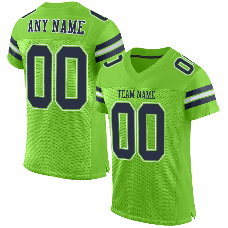 Football Jersey With Funny Slogans-Custom Neon Green Navy-White Mesh Authentic Football Jersey