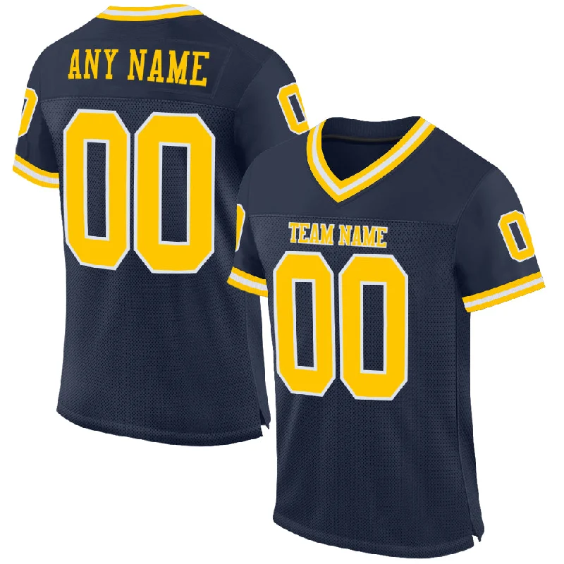 Football Jersey For Defensive Linemen-Custom Navy Gold-White Mesh Authentic Throwback Football Jersey