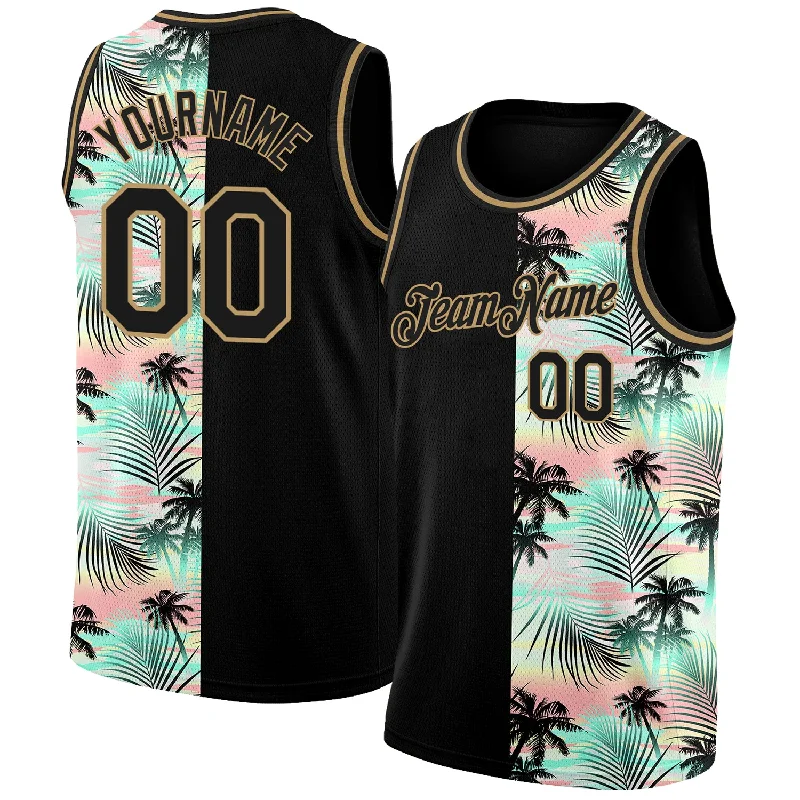 Basketball Jersey With V-Neck Collar-Custom Black Old Gold 3D Pattern Tropical Hawaii Palm Trees Authentic Basketball Jersey