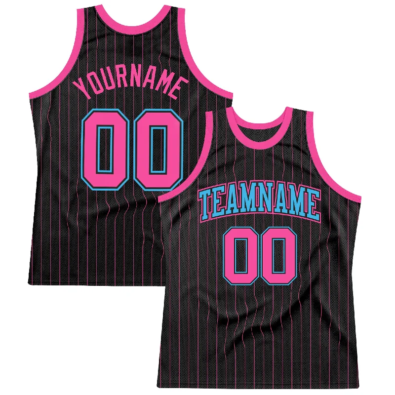 Basketball Jersey With Performance Fabric-Custom Black Pink Pinstripe Pink-Sky Blue Authentic Basketball Jersey