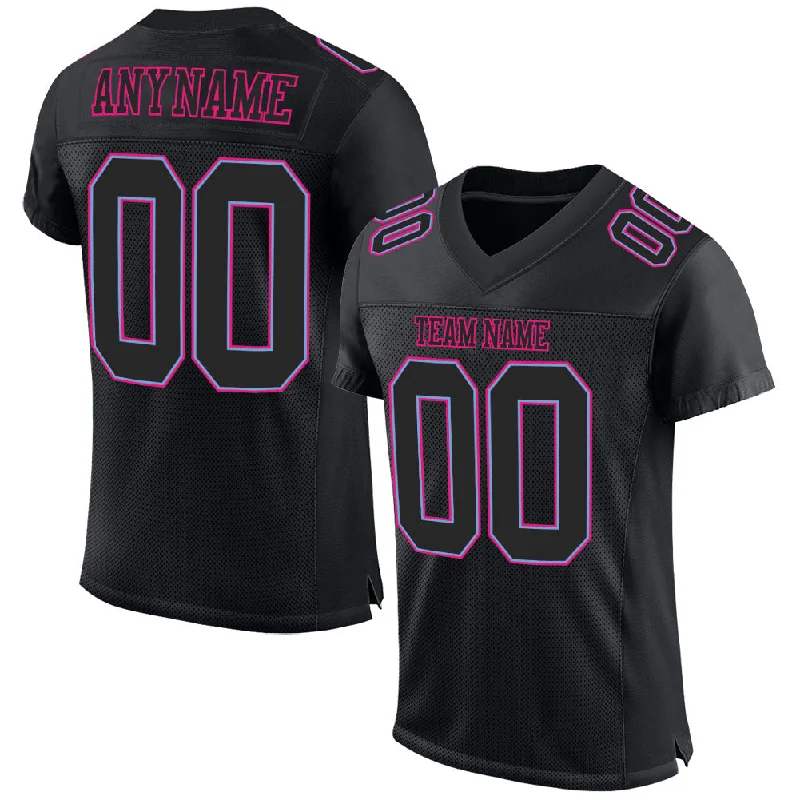 Football Jersey With Airflow Channels-Custom Black Black Powder Blue-Hot Pink Mesh Authentic Football Jersey