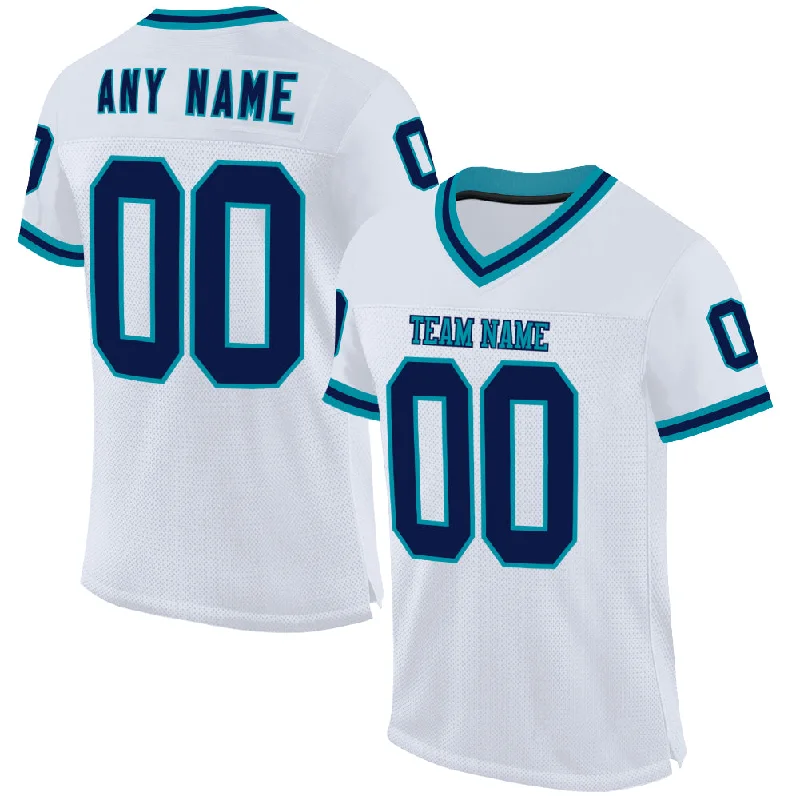 Football Jersey With College Team Logos-Custom White Navy-Teal Mesh Authentic Throwback Football Jersey