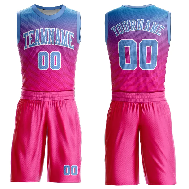 Basketball Jersey With Full Uniform Set-Custom Pink Light Blue-White Round Neck Sublimation Basketball Suit Jersey