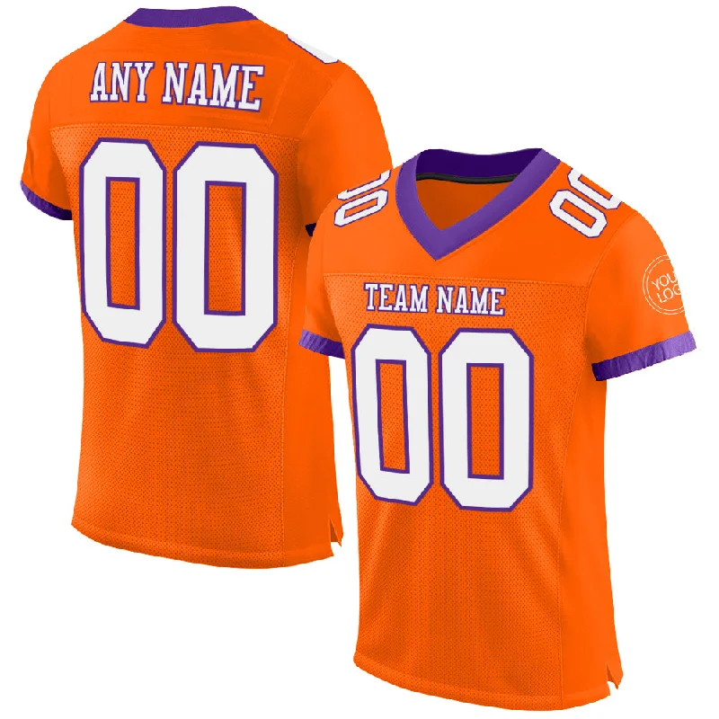 Football Jersey With Compression Fit-Custom Orange White-Purple Mesh Authentic Football Jersey