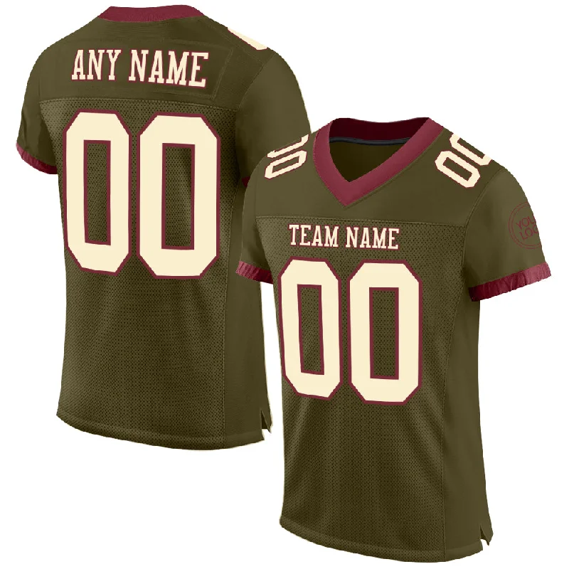 Football Jersey With Gold Accents-Custom Olive Cream-Burgundy Mesh Authentic Salute To Service Football Jersey