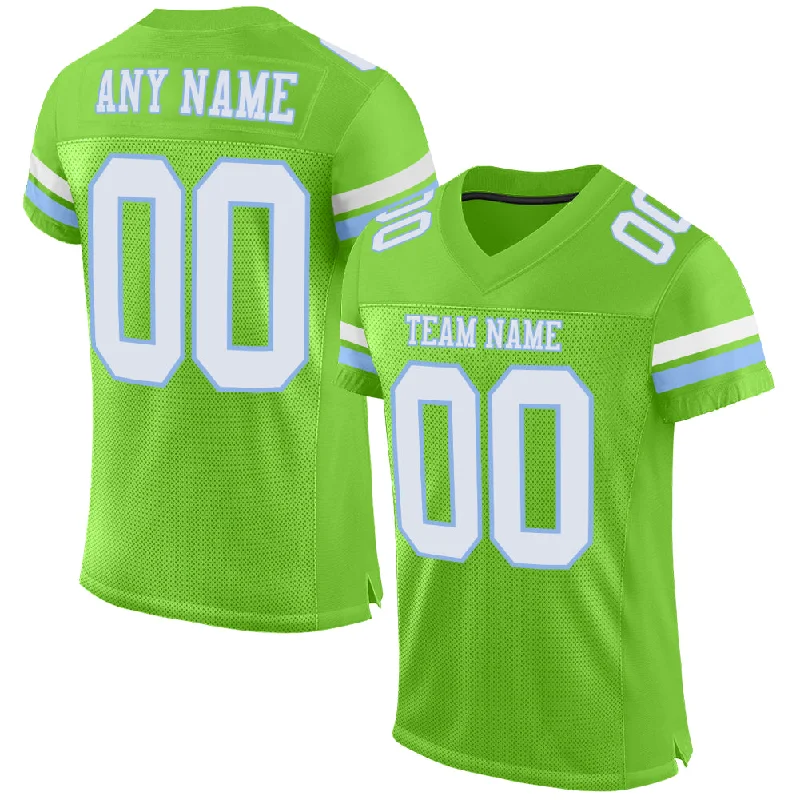 Football Jersey With Classic Football Script-Custom Neon Green White-Light Blue Mesh Authentic Football Jersey