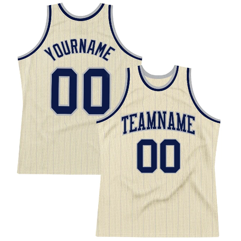 Basketball Jersey With Classic Fit-Custom Cream Gray Pinstripe Navy Authentic Basketball Jersey