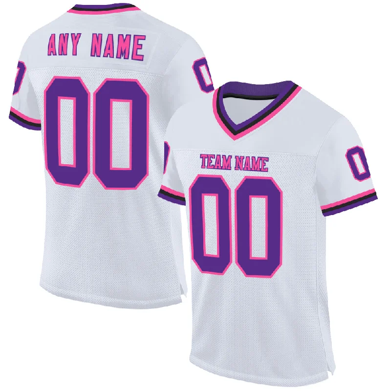 Football Jersey With Snap Button Closure-Custom White Purple Pink-Black Mesh Authentic Throwback Football Jersey