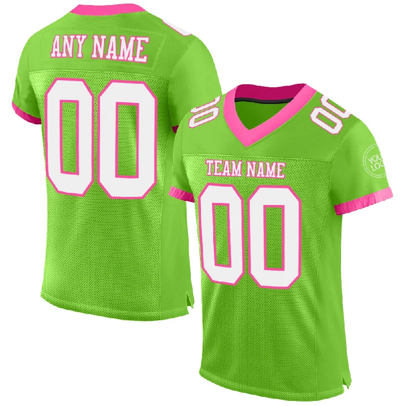 Football Jersey With Tribal Designs-Custom Neon Green White-Pink Mesh Authentic Football Jersey