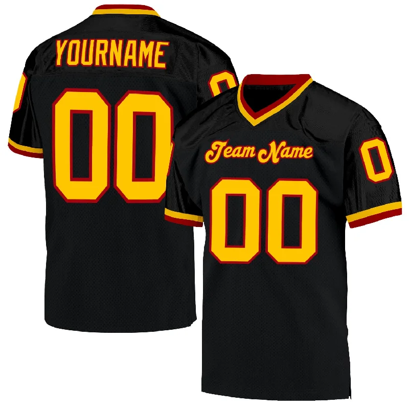 Football Jersey With Double Stitching-Custom Black Gold-Red Mesh Authentic Throwback Football Jersey