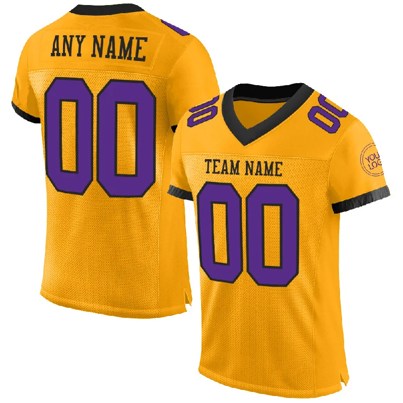 Football Jersey For Game Day-Custom Gold Purple-Black Mesh Authentic Football Jersey