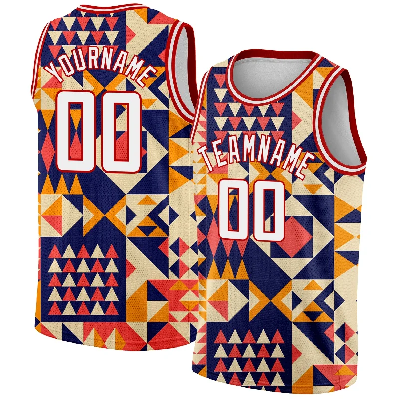 Basketball Jersey With Secure Zip Pocket-Custom Navy White-Red 3D Pattern Design Geometric Shapes Authentic Basketball Jersey