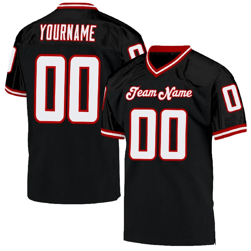 Football Jersey With Hip-Hop Vibe-Custom Black White-Red Mesh Authentic Throwback Football Jersey