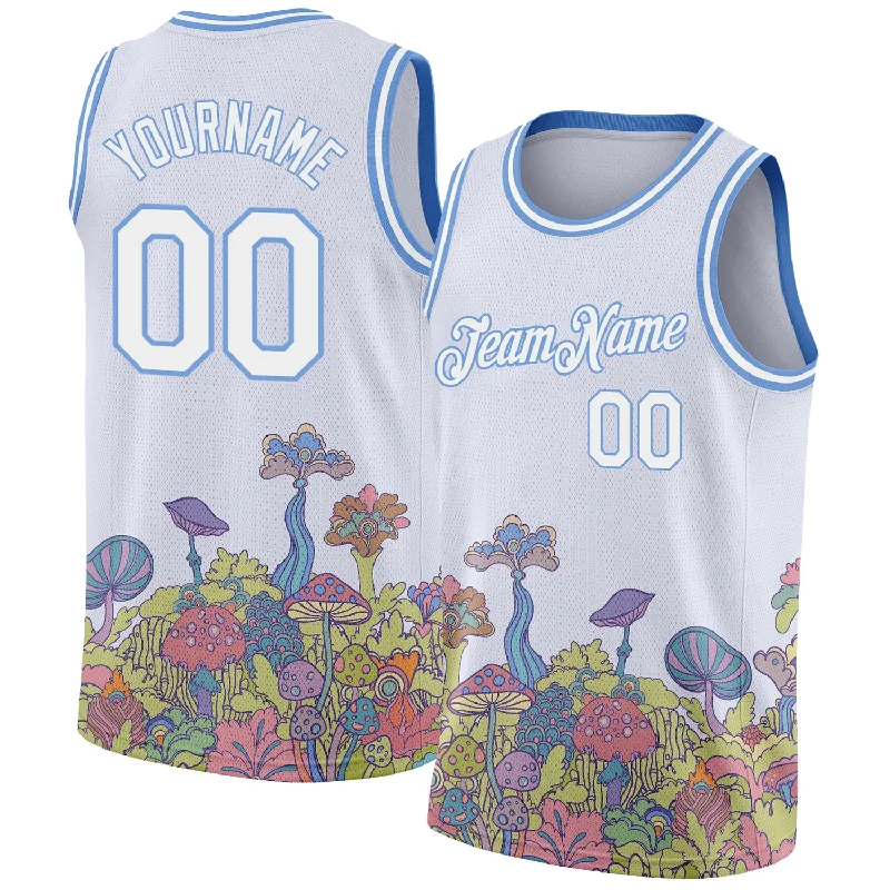 Basketball Jersey For Kids-Custom White Light Blue 3D Pattern Design Colorful Flowers And Mushrooms Psychedelic Hallucination Authentic Basketball Jersey