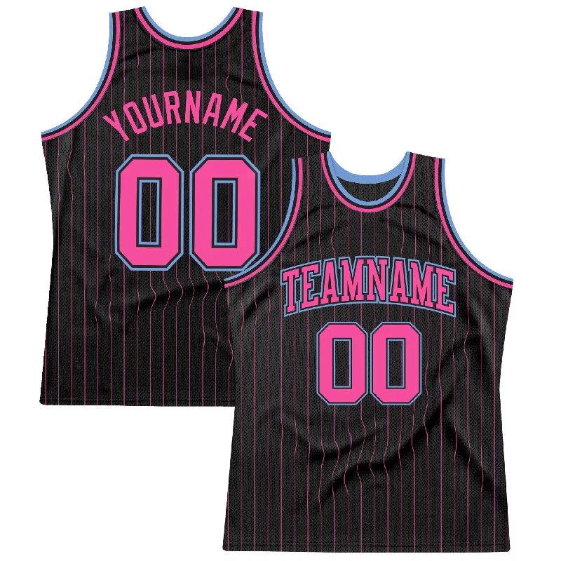 Basketball Jersey With High Durability-Custom Black Pink Pinstripe Pink-Light Blue Authentic Basketball Jersey