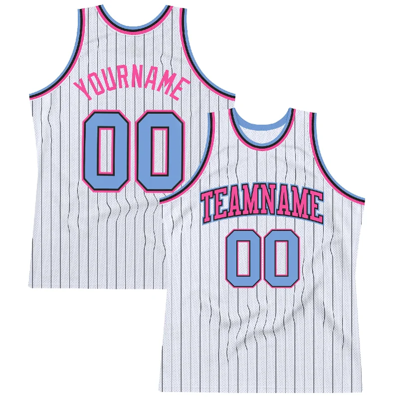 Basketball Jersey With Custom Artwork-Custom White Black Pinstripe Light Blue-Pink Authentic Basketball Jersey