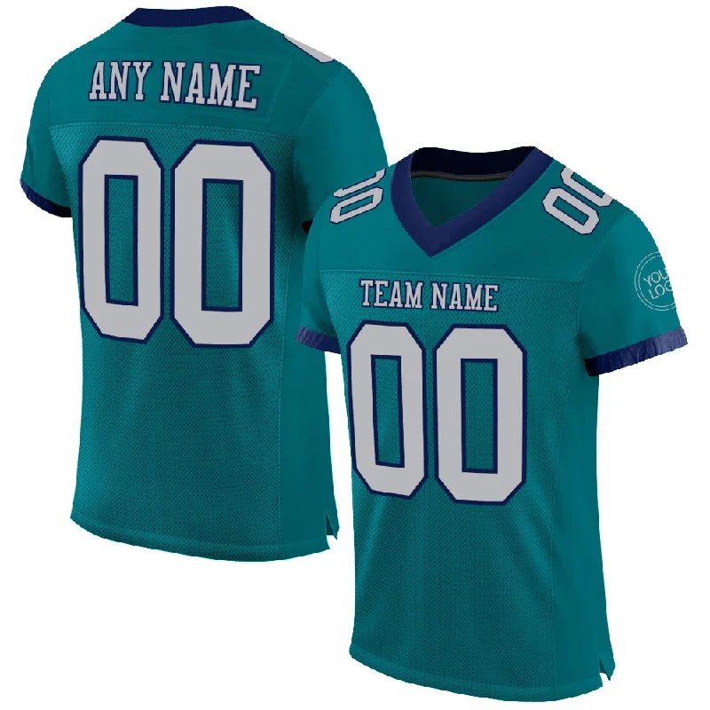 Football Jersey For Offensive Linemen-Custom Teal Gray-Navy Mesh Authentic Football Jersey