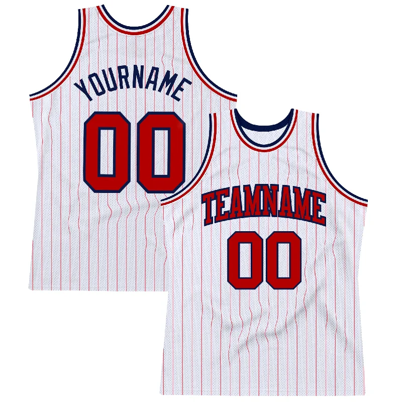 Basketball Jersey With Quick-Dry Material-Custom White Red Pinstripe Red-Navy Authentic Basketball Jersey