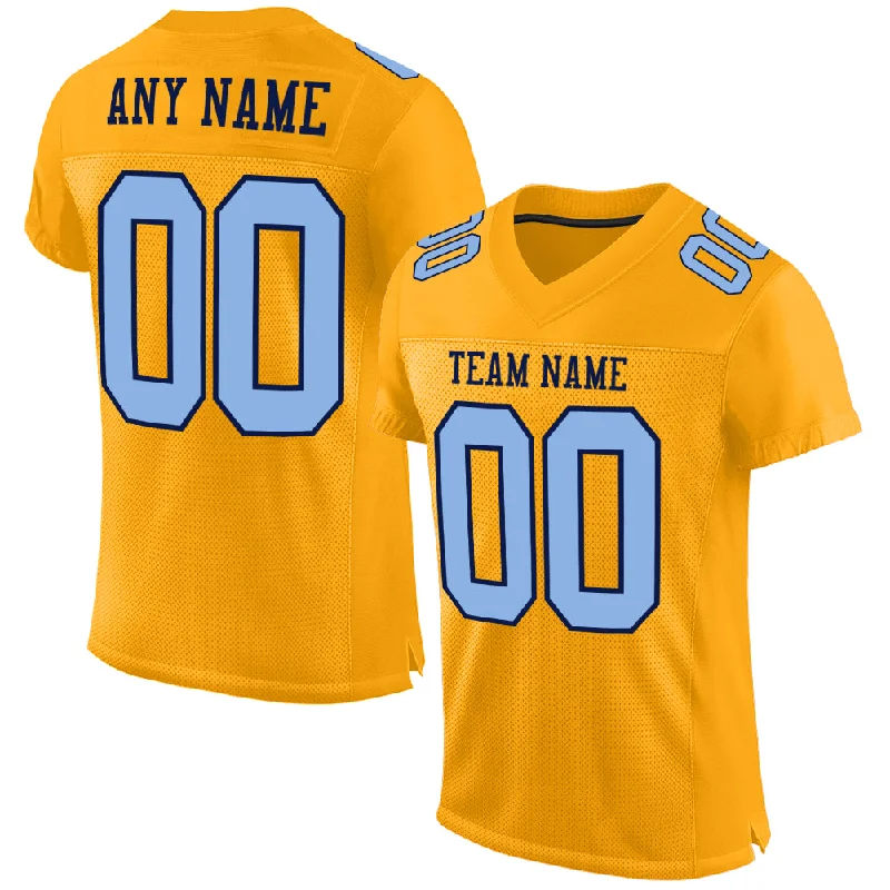 Football Jersey For Outdoor Play-Custom Gold Light Blue-Navy Mesh Authentic Football Jersey