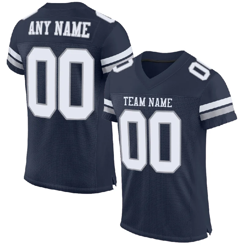 Football Jersey With Snap Button Closure-Custom Navy White-Light Gray Mesh Authentic Football Jersey