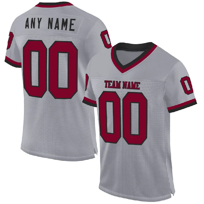 Football Jersey With Screen-Printed Graphics-Custom Gray Maroon-Black Mesh Authentic Throwback Football Jersey