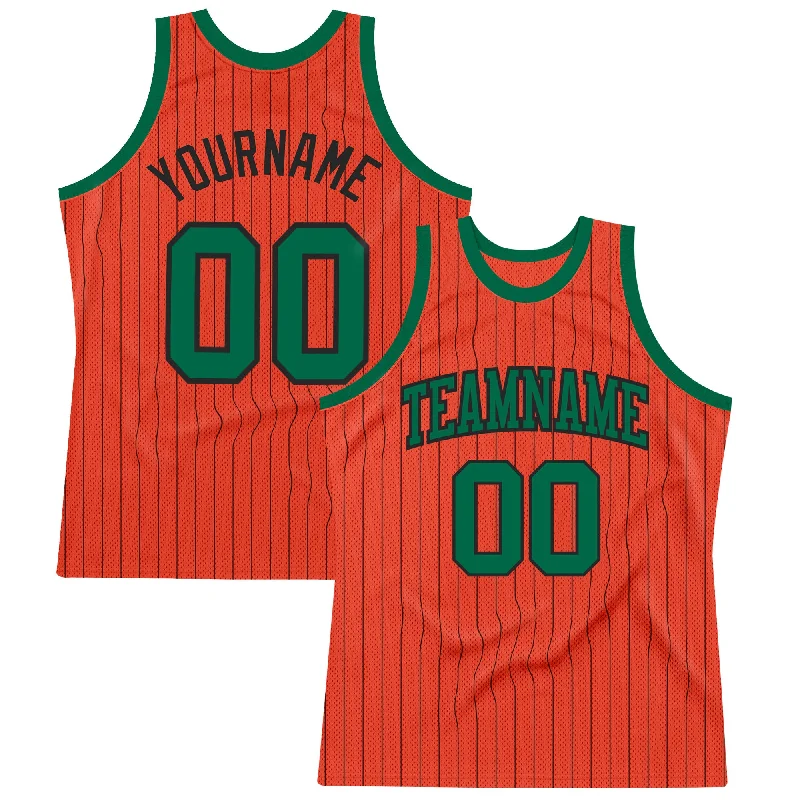 Basketball Jersey With Custom Artwork-Custom Orange Black Pinstripe Kelly Green Authentic Basketball Jersey