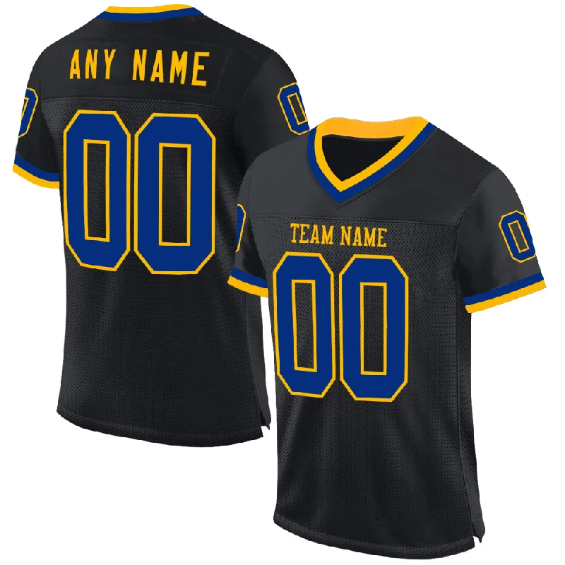 Football Jersey With Satin Finish-Custom Black Royal-Gold Mesh Authentic Throwback Football Jersey