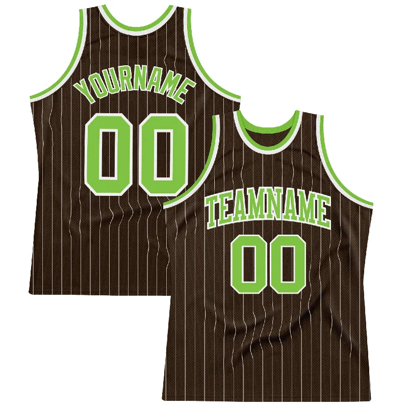 Basketball Jersey With High Mobility Design-Custom Brown White Pinstripe Neon Green Authentic Basketball Jersey