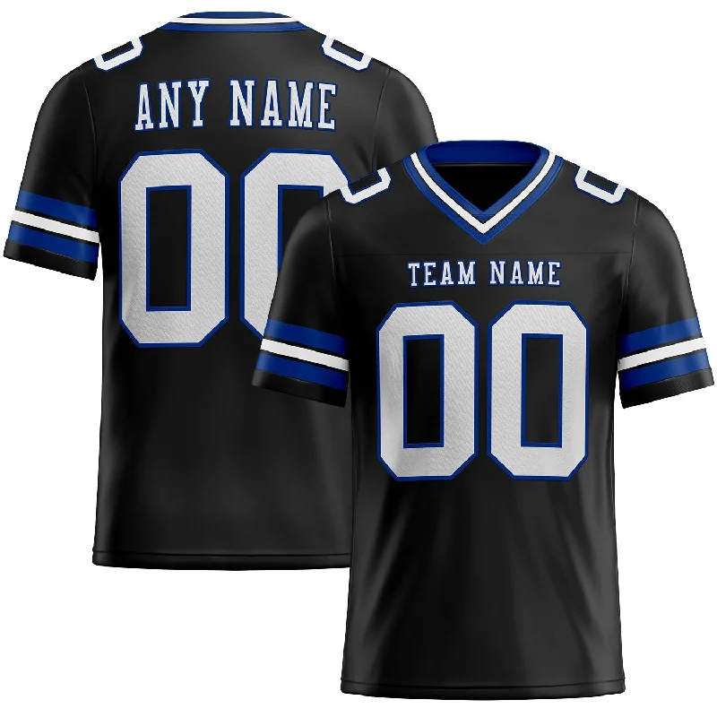 Football Jersey With Gold Accents-Custom Black White-Royal Mesh Authentic Football Jersey