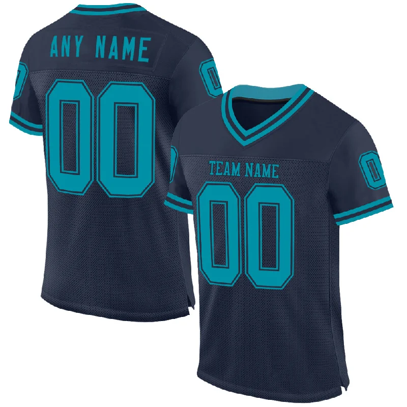 Football Jersey For Winter Training-Custom Navy Teal Mesh Authentic Throwback Football Jersey