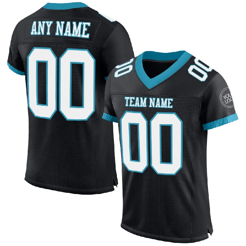 Football Jersey With Metallic Foil Details-Custom Black White-Panther Blue Mesh Authentic Football Jersey