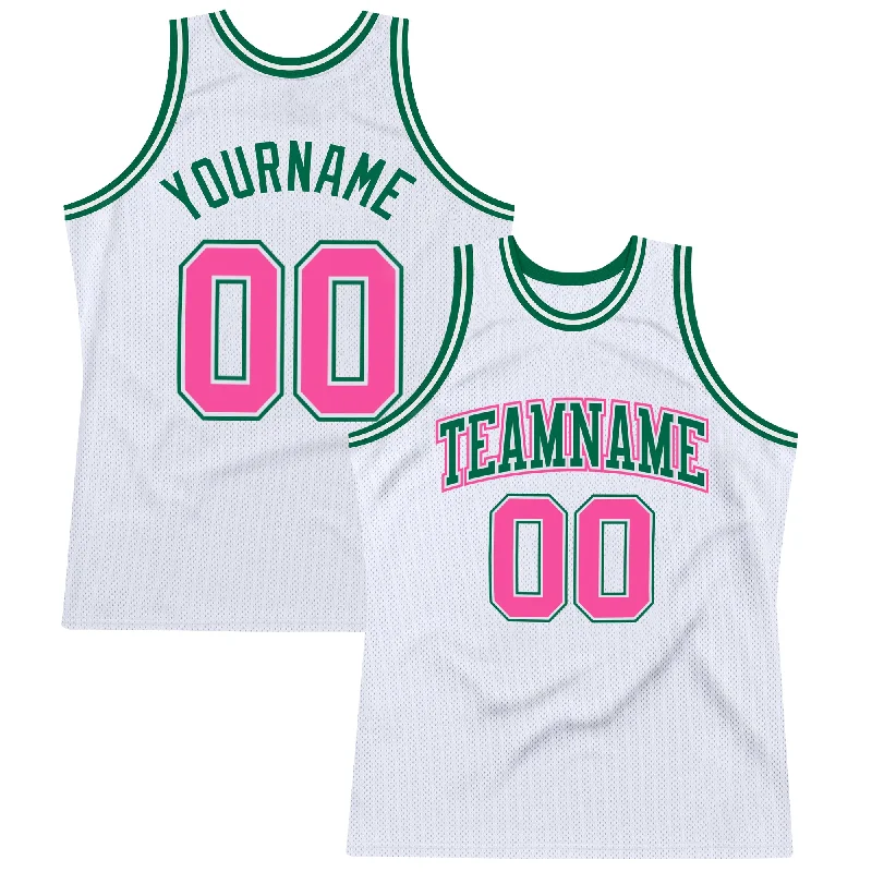 Basketball Jersey With Iconic Number-Custom White Pink-Kelly Green Authentic Throwback Basketball Jersey