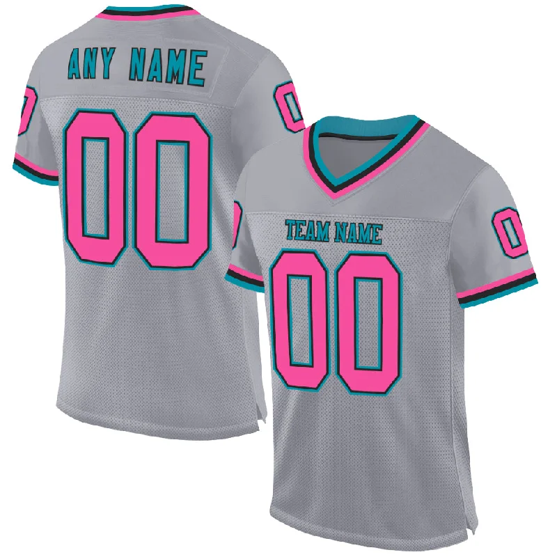 Football Jersey With Mesh Panels-Custom Gray Pink Black-Teal Mesh Authentic Throwback Football Jersey