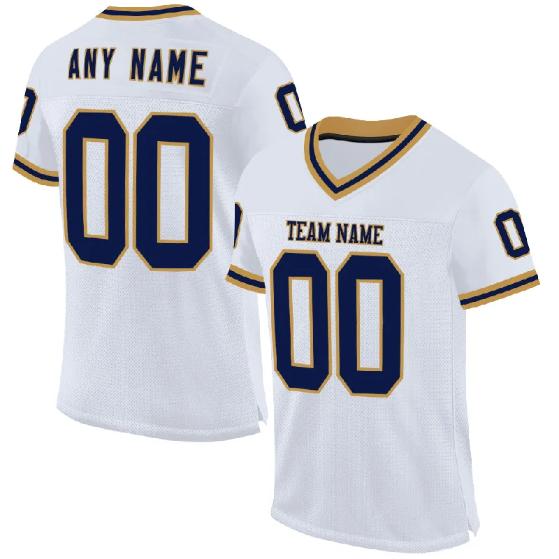 Football Jersey With Padded Shoulders-Custom White Navy-Old Gold Mesh Authentic Throwback Football Jersey