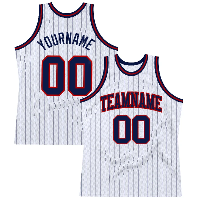 Basketball Jersey With Ribbed Armholes-Custom White Navy Pinstripe Navy-Red Authentic Basketball Jersey