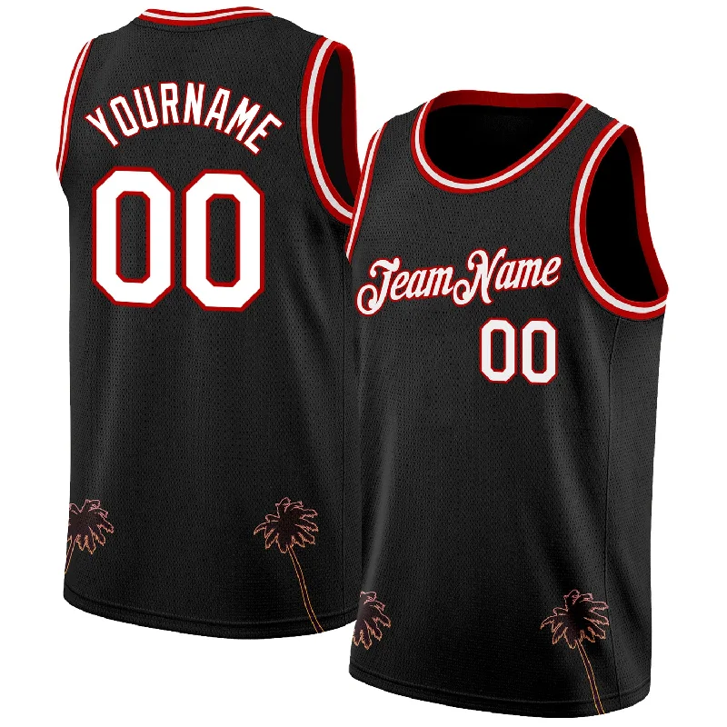 Basketball Jersey With Embroidery-Custom Black White-Red 3D Pattern Hawaii Palm Trees Authentic Basketball Jersey