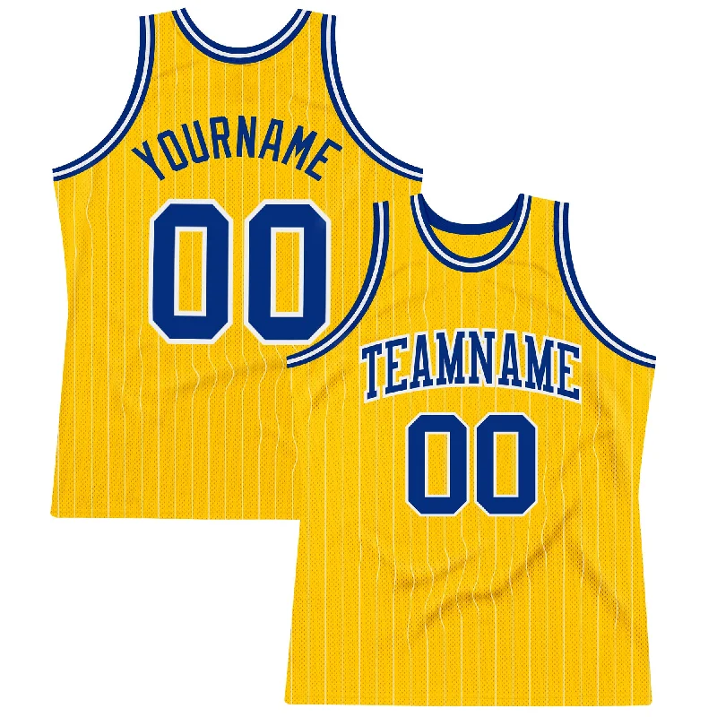 Basketball Jersey With Elastic Armholes-Custom Gold White Pinstripe Royal Authentic Basketball Jersey