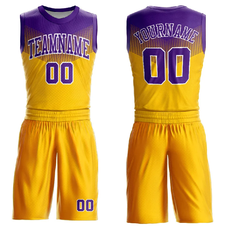 Basketball Jersey With Temperature Control-Custom Gold Purple-White Round Neck Sublimation Basketball Suit Jersey