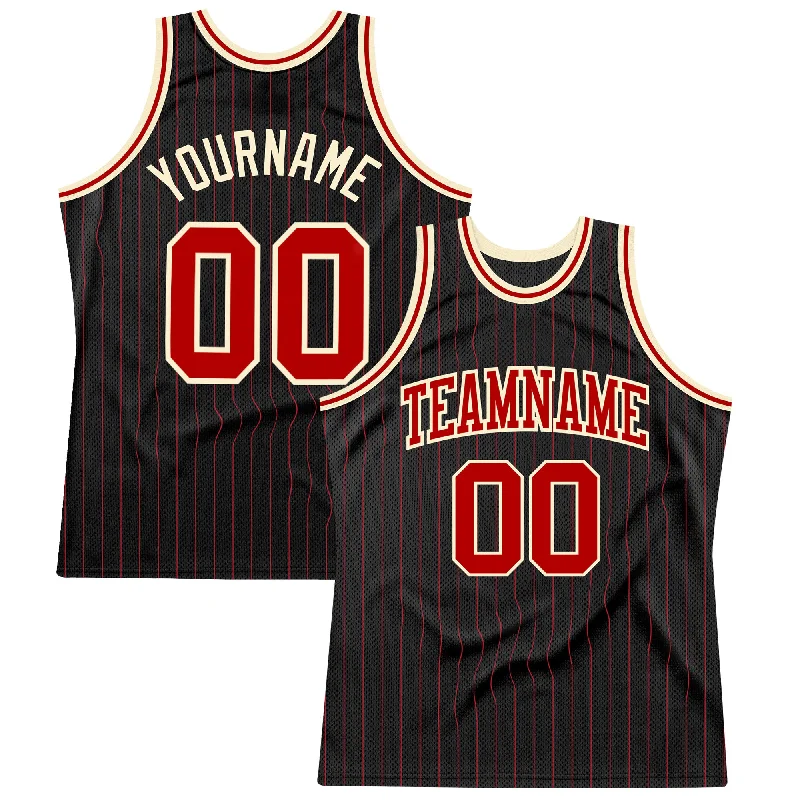 Basketball Jersey With Vintage Look-Custom Black Red Pinstripe Red-Cream Authentic Basketball Jersey