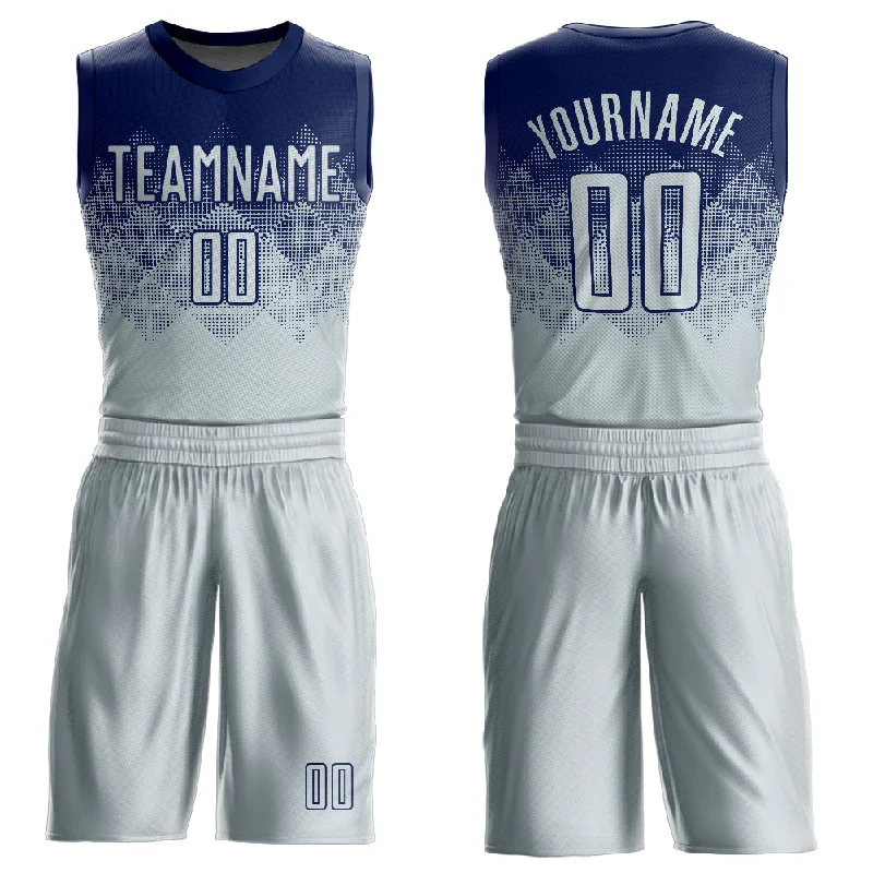 Basketball Jersey With Team Spirit-Custom Navy Silver Round Neck Sublimation Basketball Suit Jersey