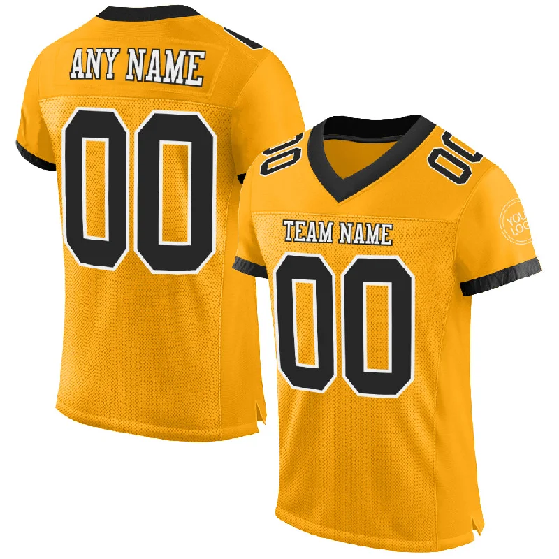 Football Jersey With Ribbed Sleeves-Custom Gold Black-White Mesh Authentic Football Jersey