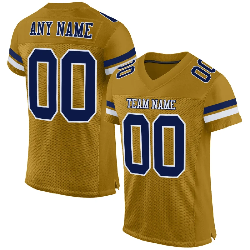 Football Jersey With Team Logo-Custom Old Gold Navy-White Mesh Authentic Football Jersey